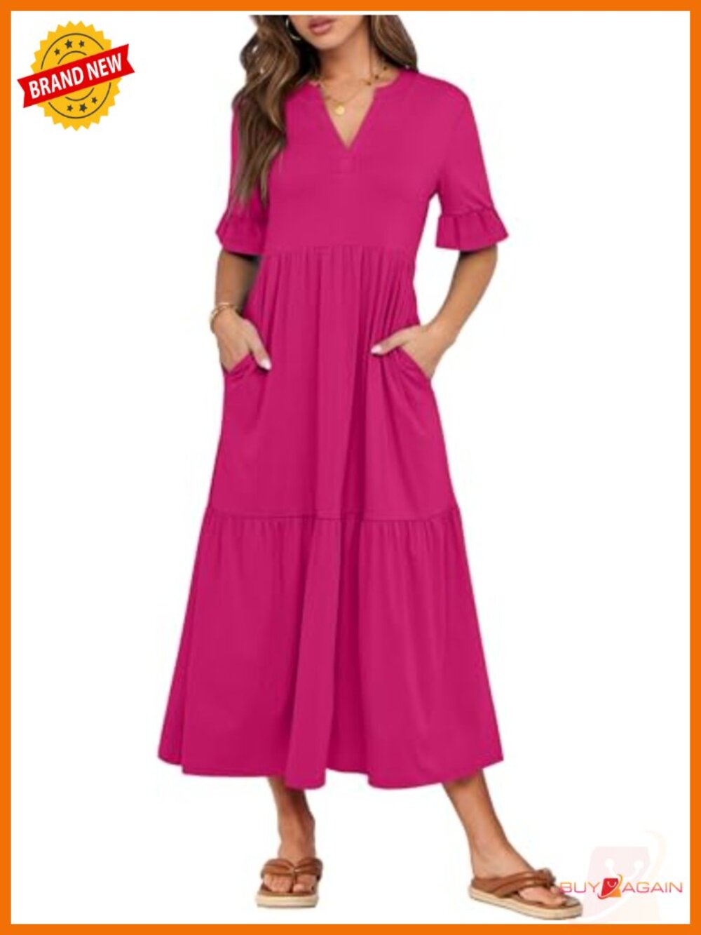 Womens Casual Maxi Dress Ruffle Short Sleeve V-Neck Tiered Pockets